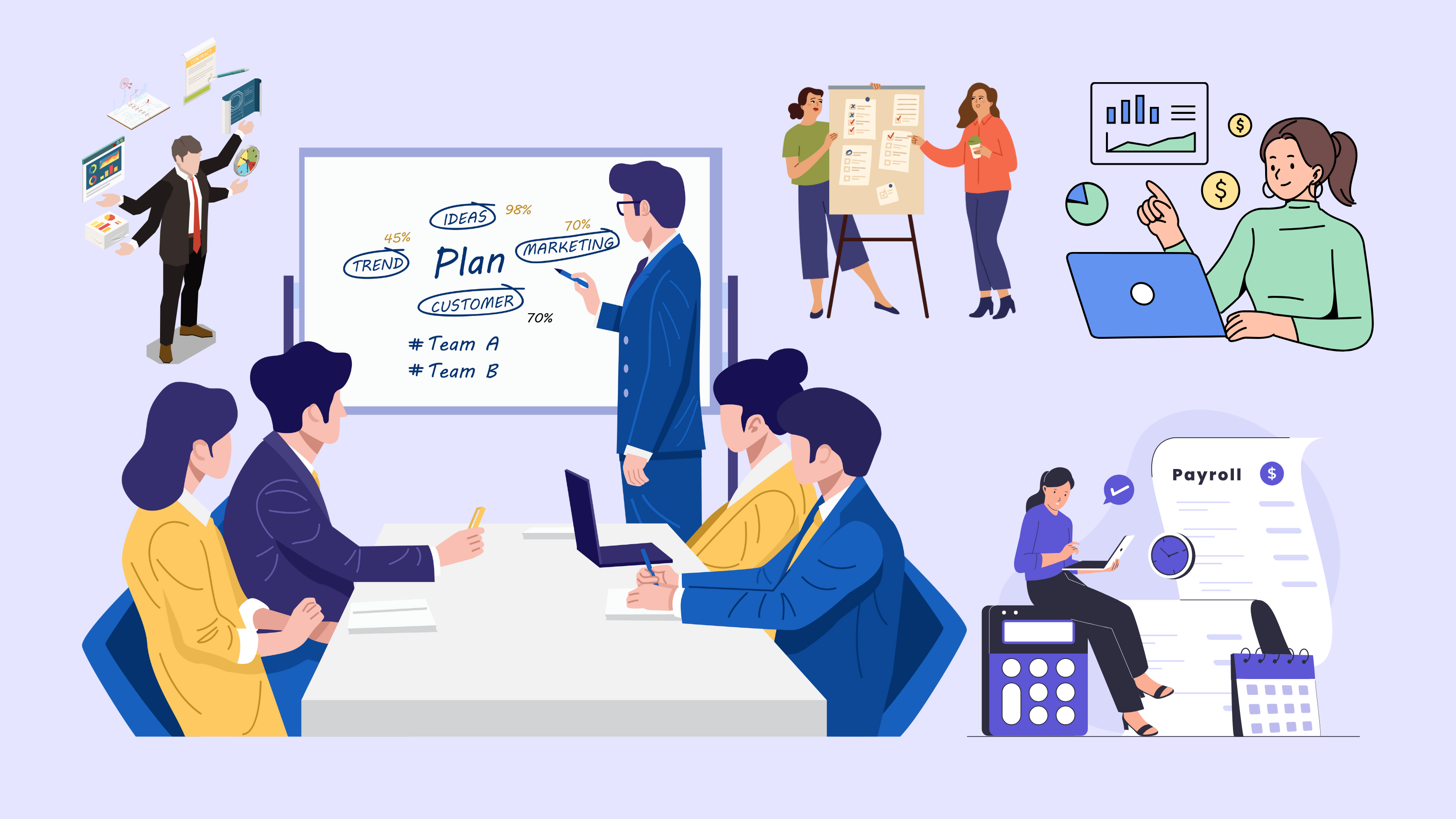 A team collaborating on a project, representing an integrated Business Management Suite.